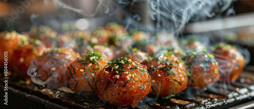 Hot and fresh takoyaki balls with bonito flakes and green onion on top