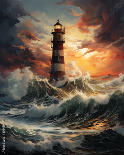 A picturesque painting of a lighthouse, storm