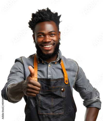 Young african or melanesian man as a barista or business owner standing with okay hand gesture isolated on white background. coffee shop waiter uniform.