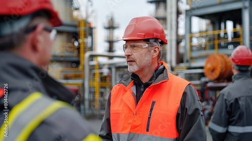 Engineer briefing security staff at an oil facility entrance