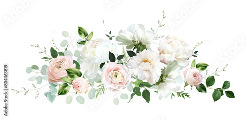 Classic pink rose, white peony, blush pink ranunculus, eucalyptus, sage greenery vector design wedding spring bouquet. Horizontal banner. Floral summer watercolor. Elements are isolated and editable