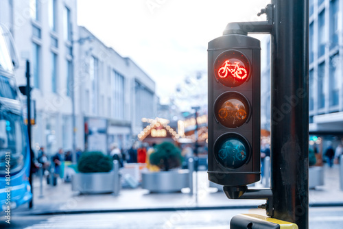 Traffic light for pedestrians and cyclists against the cold rainy city