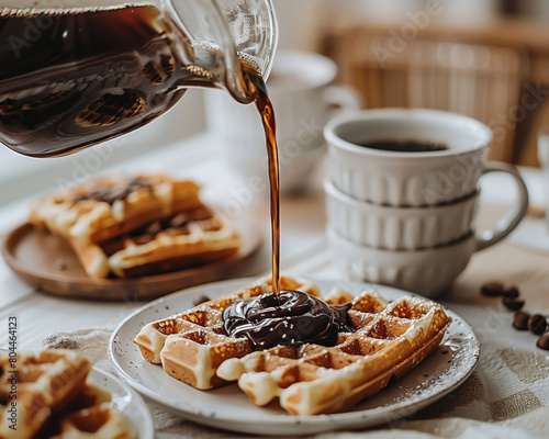 liege waffles being poured with chocolate sauce