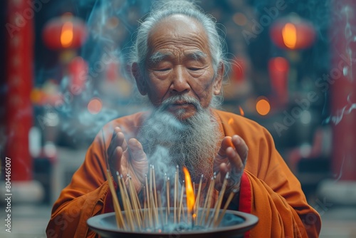 Elderly man holding incense bowl