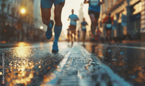lose up of running people during a marathon race on a city street, depicting competition and sport. 