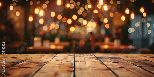 Restaurant or café interior with vintage bokeh lights ideal for display Blurred restaurant lights background with a wooden table in front.