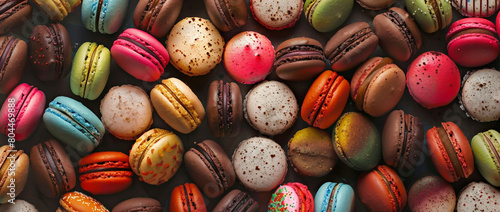 Colorful macarons arranged in an aerial view pattern, showcasing the variety of colors and shapes.