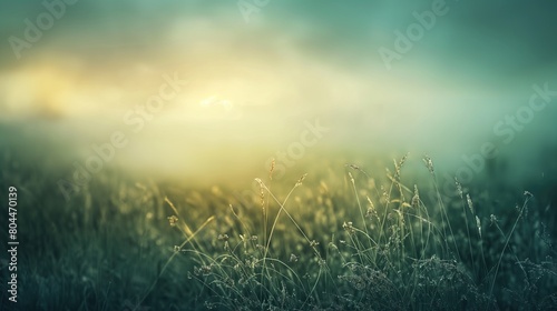 Neutral blurred foggy grassy early morning meadow or field background