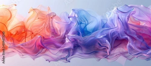 Various colorful flowing fabric pieces create a vibrant display against a blue background. The fabrics appear to be in motion, creating a dynamic and visually striking composition.