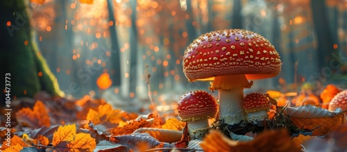 Group of Mushrooms on Leaves