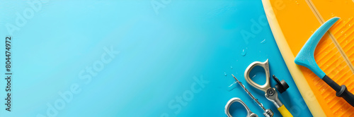 Surfboard repair kit web banner. Repair tools placed on blue background with copy space.
