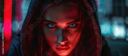female hacker With Blue Eyes in Dark Room