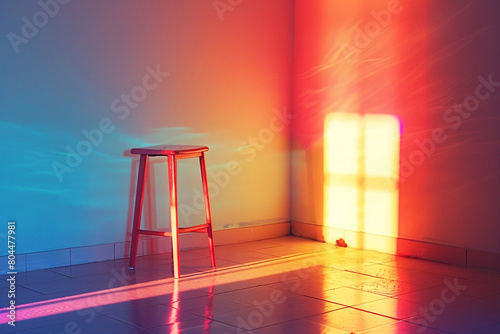 Lonely tabouret in a room on holographic gradient floor with moving shadow in hard light