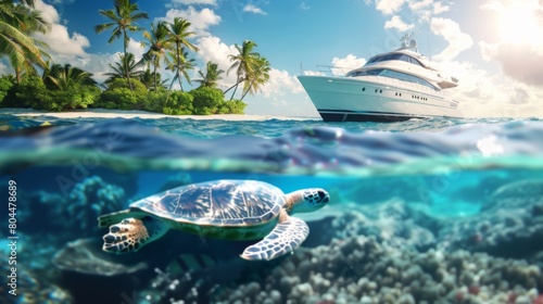 Beautiful sea turtle underwater with tropical palm tree island and yacht in sea.