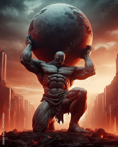 statue of a titan, holding an atlas stone boulder above his shoulders, world's strongest man, generative AI