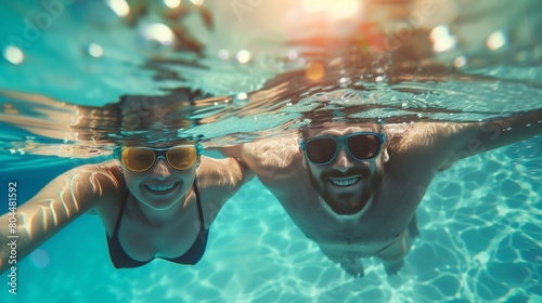 Portrait of lovely couple swimming in water in pool