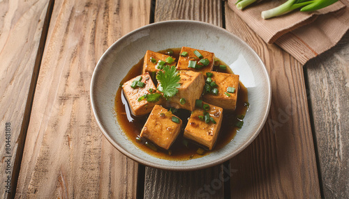 Miso braised tofu over wooden table. Tasty meal. Delicious food for dinner. Culinary concept.