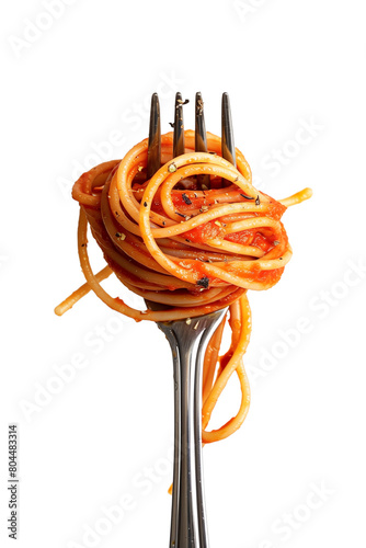 isolated spaghetti with tomato sauce on a fork