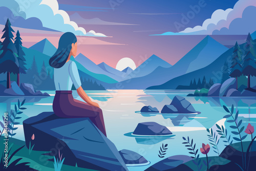 Woman sitting by a lake at sunset, mountains in the backdrop
