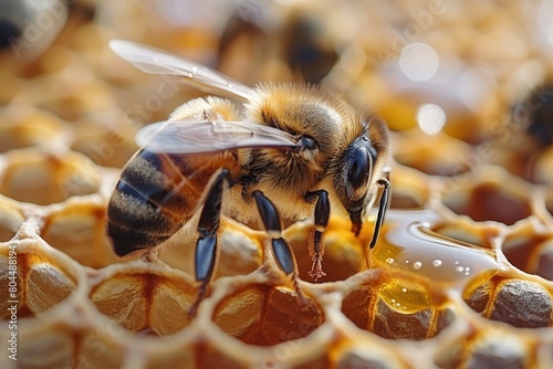 A diligent bee with translucent wings is meticulously working on a golden honeycomb, collecting nectar