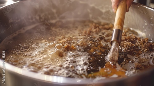 A person stirs a large pot filled with boiling water hops and grains as they begin the first step of brewing a nonalcoholic IPA.