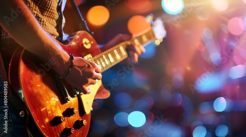 A close up of a person playing an electric guitar on stage with blurred colorful lights in the background.