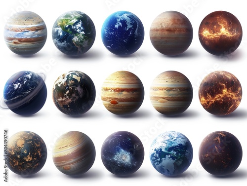 set of planets, each with its own unique texture and color, arranged in an orderly manner on the white background