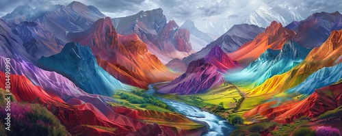 A surreal landscape on a planet where the rivers and mountains exhibit all the colors of a rainbow