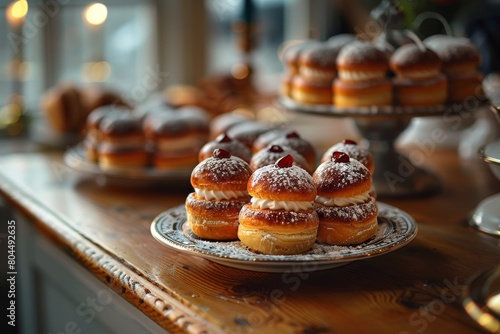 A plate full of delectable jam-topped doughnuts amidst a rustic cafe setting, with a defocused background