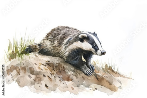 A watercolor painting of a badger, standing on a grassy hill, looking to the right. The badger is mostly black and white, with a long, bushy tail.