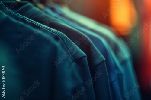 A variety of blue t-shirts hang on a rack in a retail store.