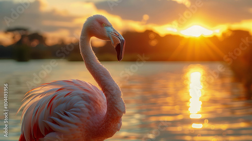 Flamingo at sunset by water.