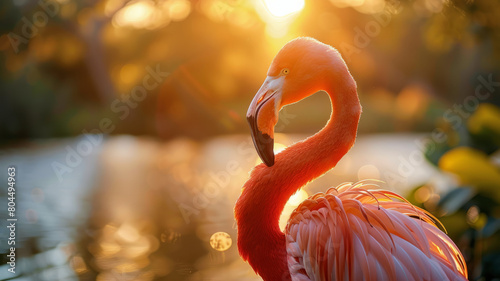 Flamingo at sunset by water