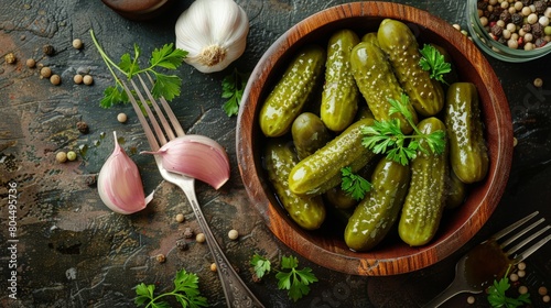 A wooden bowl of pickled gherkins on the table, with spices and garlic nearby. A fork is placed in front of it. The photo was taken from above at an angle. Natural light illuminates the scene.