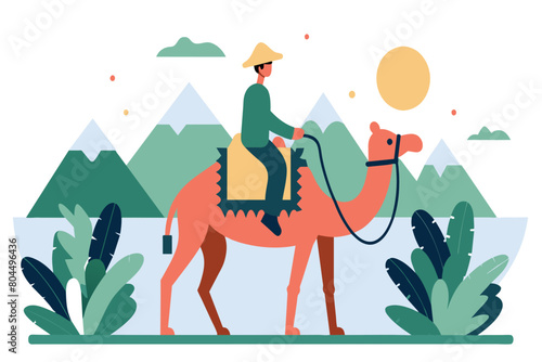 A traveler on camelback journeys through a tranquil desert scene