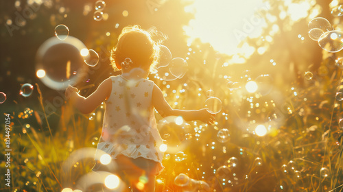 A joyful child chases glowing soap bubbles in a sunlit meadow, embodying pure happiness and freedom