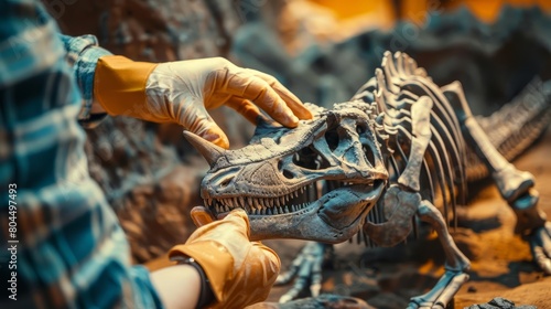 A paleontologist carefully examines a dinosaur skeleton in a museum