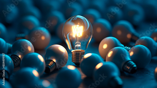 A illuminated light bulb Amidst unlit light bulbs. For concept of innovation, creativity and standing out in the crowd.