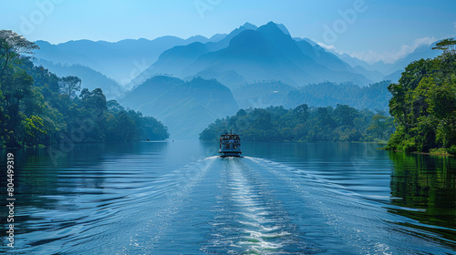  A small cruise boat is sailing on the calm water of Guizhou lake, surrounded by green mountains and misty clouds in early morning. Created with Ai