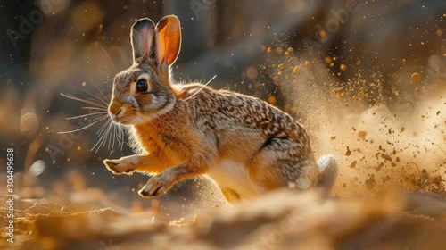 A jackrabbit darting through the desert, bursts of speed in wide-open spaces. Photorealistic. HD.