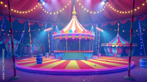 Various carnival tents with round arena scenes, amusement shows, red theater curtains illustrated with podiums and spotlights. Various vintage marquee stages with ring modern backgrounds.
