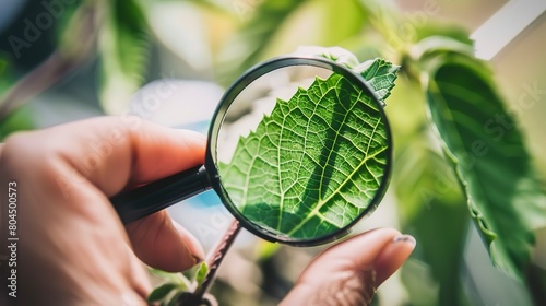 Research on pest resistance, close up, scientist inspecting leaf under magnifying glass, pest analysis 