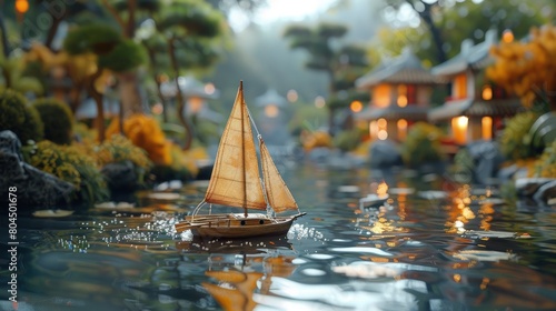 City park with a model boat pond, enthusiasts sailing â€“ Model boating. Photorealistic. HD.