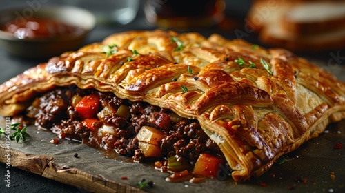 Cornish pasty, crimped edges, savory beef and vegetable filling. Photorealistic. HD.