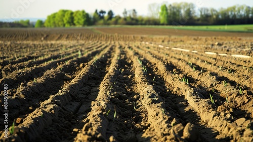 Freshly plowed field, close up, clods of soil and furrows, ready for planting, clear day 