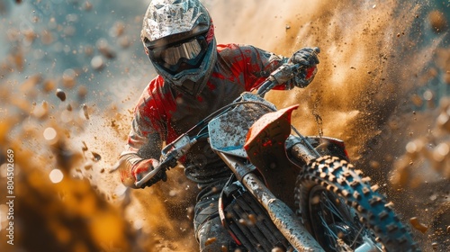 Dirt biker performing a daring jump, mud splatter, action shot. Photorealistic. HD.