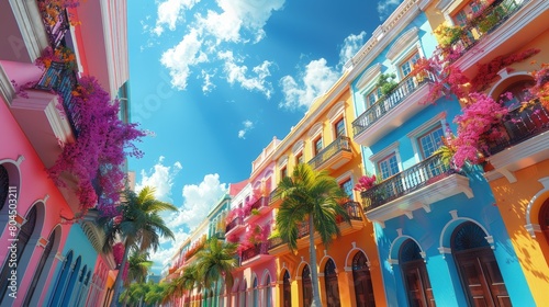 Exploring the colorful streets of Old San Juan, vibrant buildings, tropical atmosphere. Photorealistic. HD.