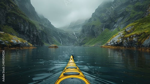 Kayaking through fjords in Norway, serene waters, towering cliffs, majestic scenery. Photorealistic. HD.