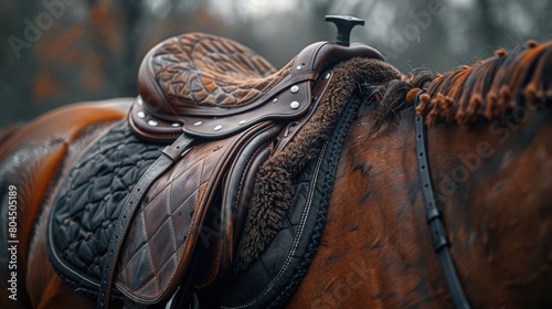 Racing saddle on thoroughbred horse, close-up, race day, dynamic angle . Photorealistic. HD.