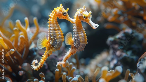 Seahorses clinging to coral branches, camouflaged against predators in their natural habitat. Photorealistic. HD.
